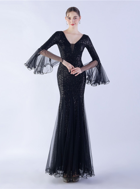 In Stock:Ship in 48 Hours Black Sequins V-neck V-neck Party Dress