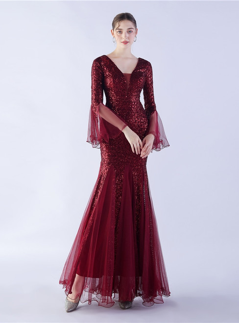 In Stock:Ship in 48 Hours Burgundy Sequins V-neck V-neck Party Dress