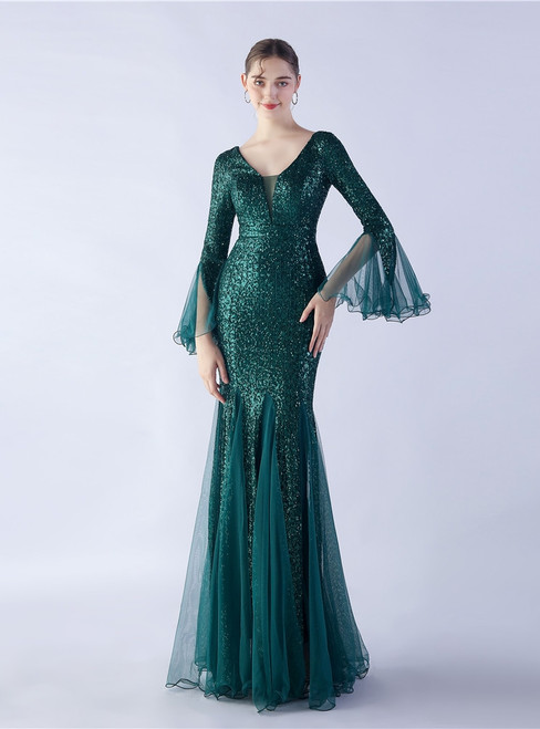 In Stock:Ship in 48 Hours Green Sequins V-neck Long Sleeve Party Dress