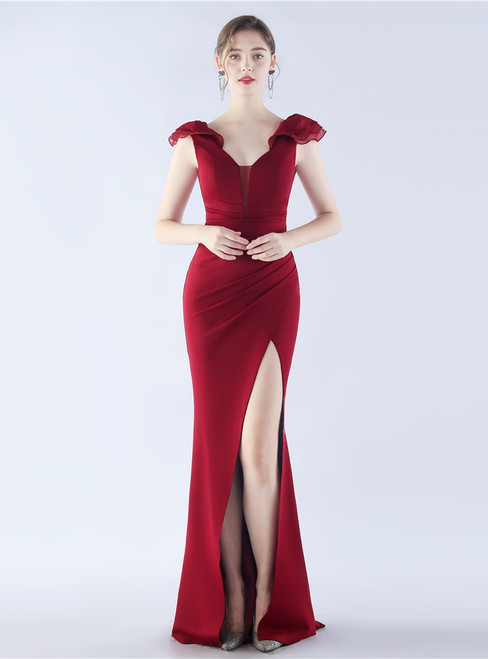 In Stock:Ship in 48 Hours Burgundy Mermaid Pleats V-neck Split Party Dress