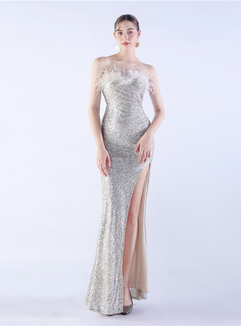 In Stock:Ship in 48 Hours Apricot Silver Mermaid Sequins Strapless Party Dress