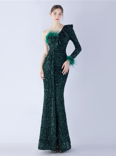 In Stock:Ship in 48 Hours Green One Shoulder Feather Party Dress