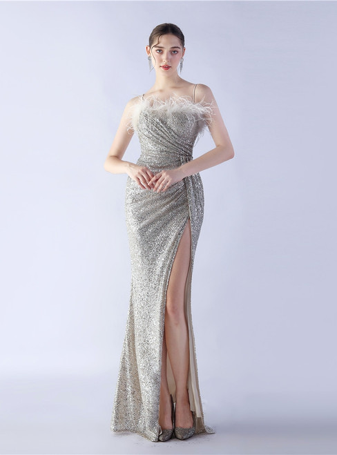 In Stock:Ship in 48 Hours Apricot Mermaid Sequins Feather Pleats Party Dress