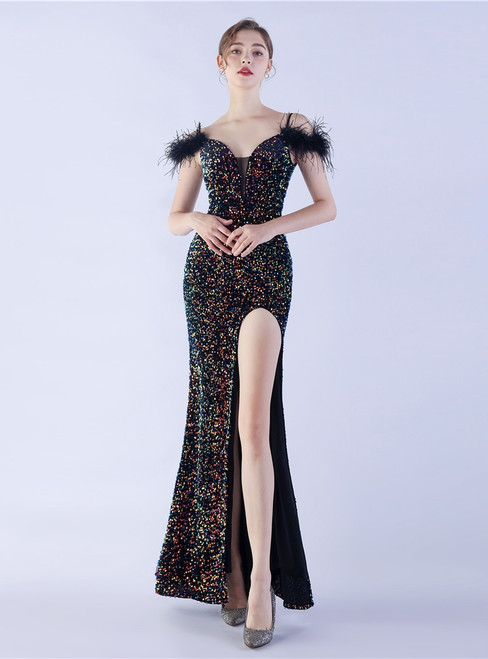 In Stock:Ship in 48 Hours Colorful Black Straps Sequins Feather Party Dress