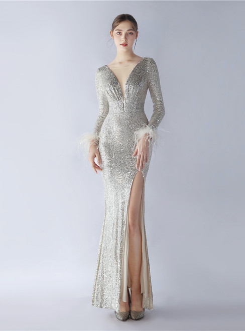 In Stock:Ship in 48 Hours Sexy Apricot Sequins Long Sleeve Feather Party Dress