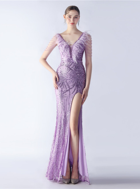 In Stock:Ship in 48 Hours Purple Sequins Beading Feather Party Dress