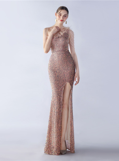 In Stock:Ship in 48 Hours Gold Mermaid Sequins One Shoulder Beading Party Dress