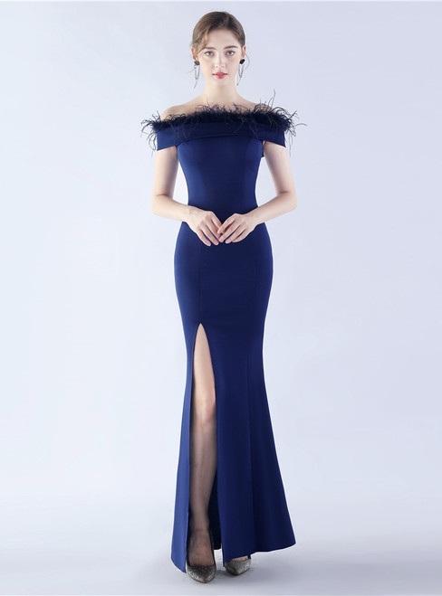 In Stock:Ship in 48 Hours Navy Blue Off the Shoulder Feather Split Party Dress