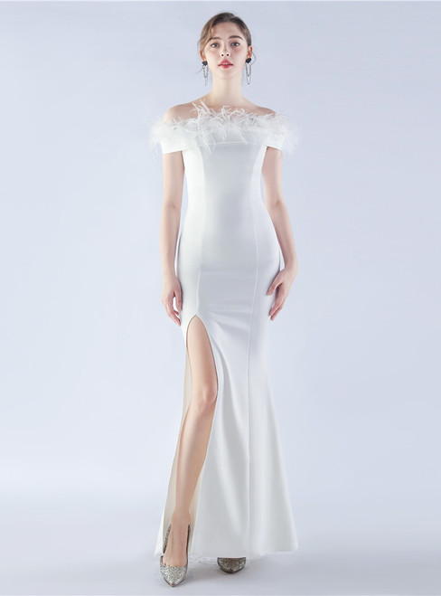 In Stock:Ship in 48 Hours White Off the Shoulder Feather Split Party Dress