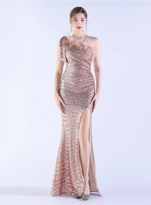 In Stock:Ship in 48 Hours Gold One Shoulder Sequins Feather Split Party Dress