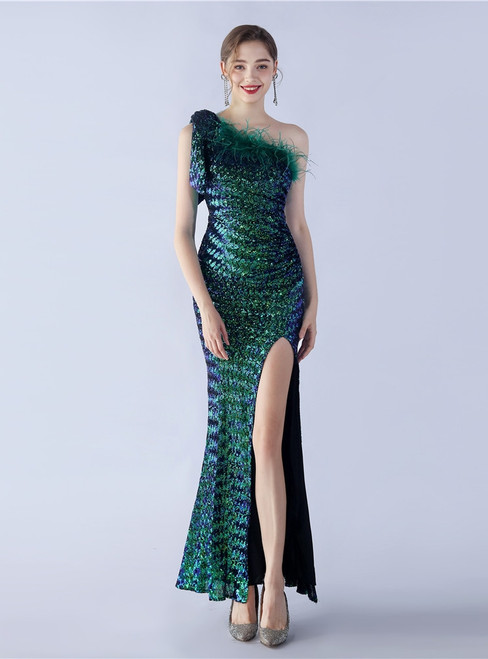 In Stock:Ship in 48 Hours Green One Shoulder Sequins Feather Split Party Dress