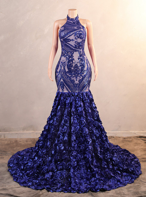 Royal Blue Mermaid Sequins Flower Prom Dress