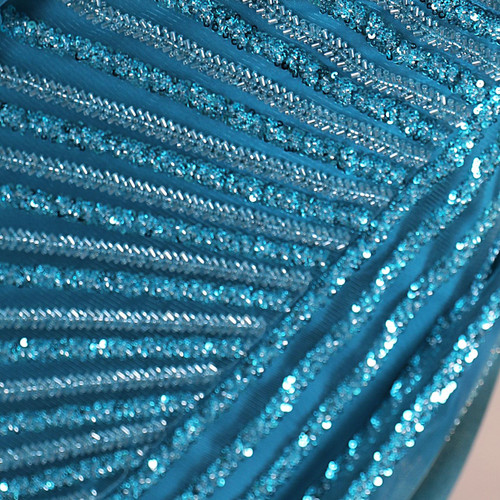 Print Tulle Beading A Line Blue Prom Dress