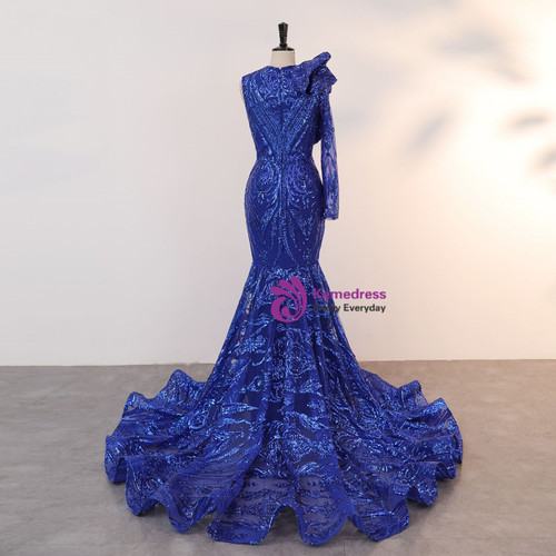 Royal Blue Sequins High Neck Mermaid Sheer Mesh Prom Dress main image 1