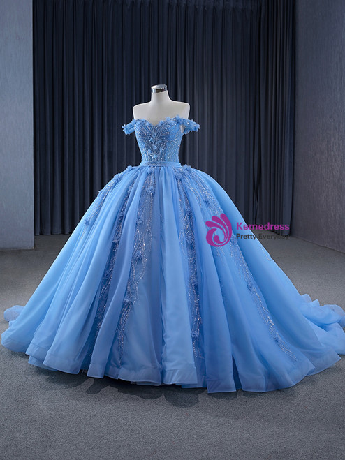 Ball Gown Blue Off the Shoulder Sparkly Sequins Pleats Prom Dresses LBQ1833