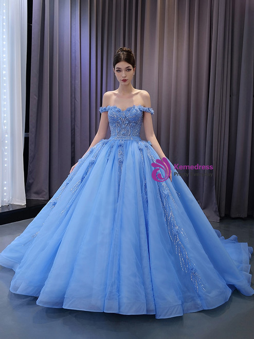Ball Gown Off the Shoulder Tulle Print Blue and White Prom Dresses LBQ3249 main image 1
