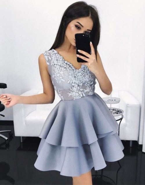 Gray Satin Tired Skirt Short Prom Dress