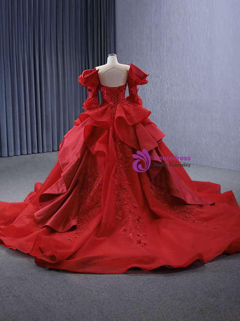 Red Mini A-Line Long Sleeves Ruffles Halter Prom Dresses with Appliques