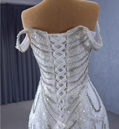 White Mermaid Beading Pearls Cap Sleeve Wedding Dress main image 1