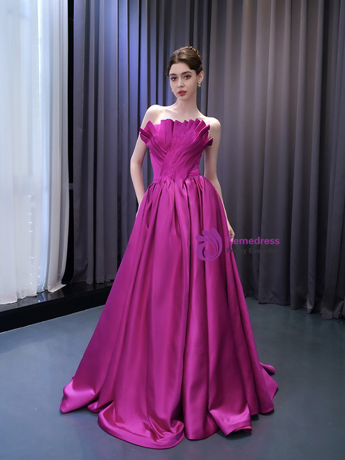Fuchsia Satin Gold Sequins Crafted Strapless Trumpet Prom Gown main image 1