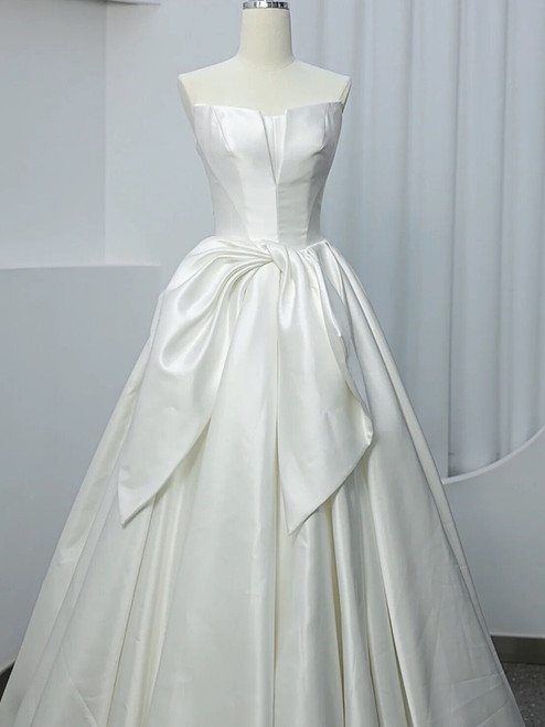 Stunning White Strapless Satin High Low Wedding Dress