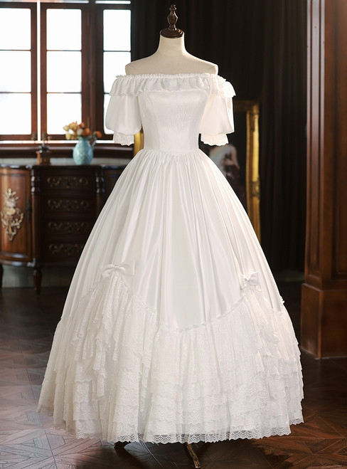 White satin off-shoulder wedding dress with short sleeves front view