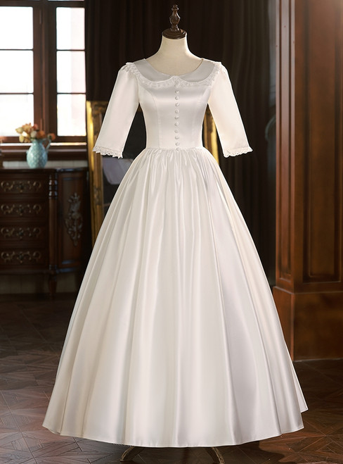 White Satin Short Sleeve Lace Button Wedding Dress