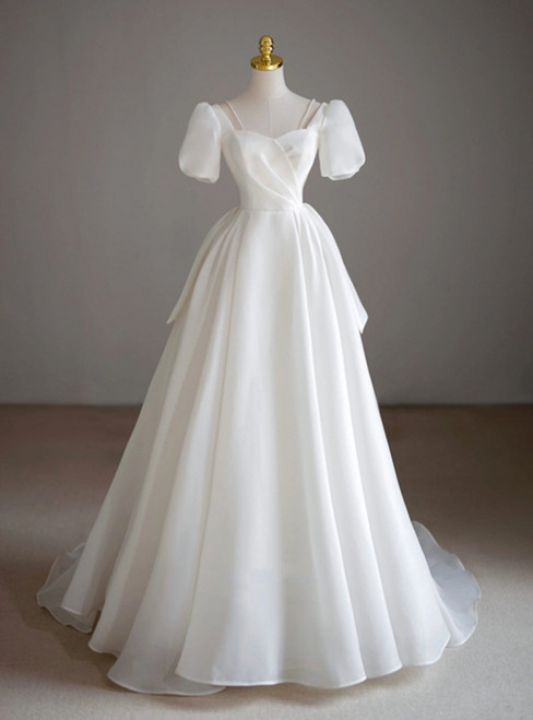 White Tulle Short Sleeve Pleats Wedding Dress