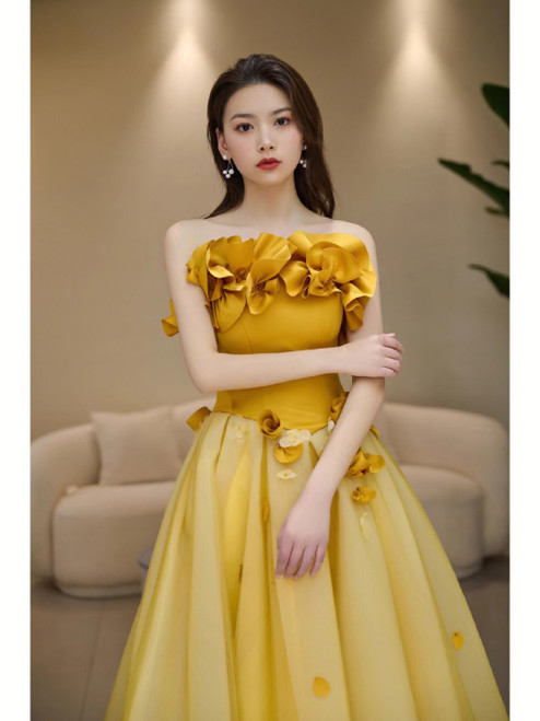 Sparkly Strapless Pleated Tulle Evening Dress Orange Slit Prom Dress Y7651 main image 0