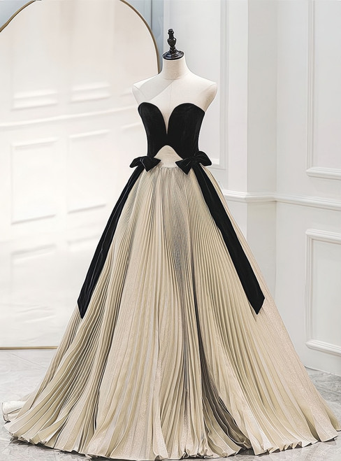 Gold Pleats Strapless Black Velvet Prom Dress