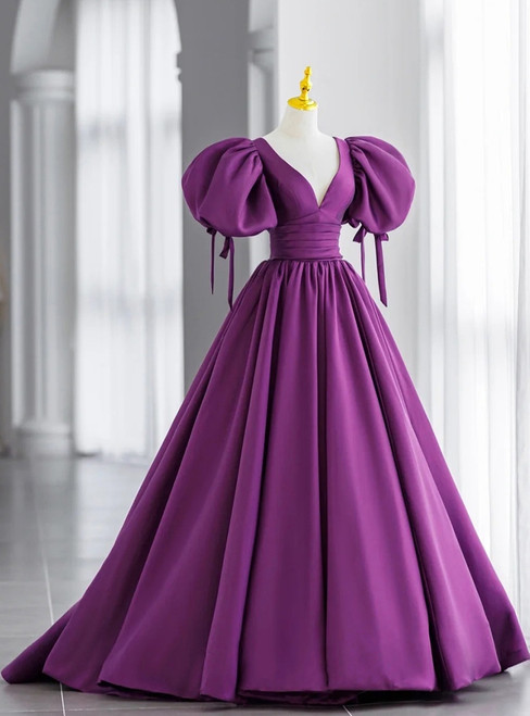 Purple Satin Puff Sleeve Backless Prom Dress