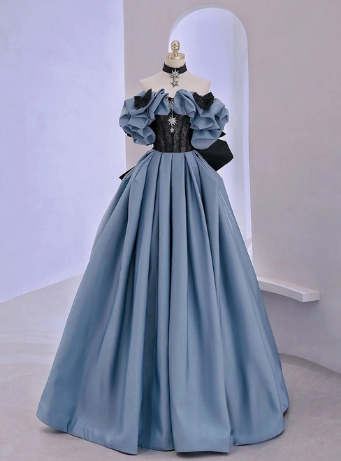 Blue satin strapless prom dress front view