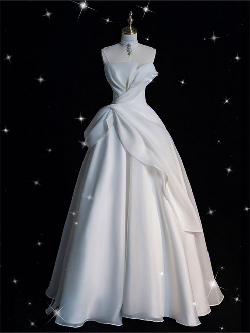 A-line Summer White Strapless Pleats Wedding Dress