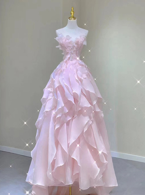 Pink tulle strapless prom dress with floral appliques - front view