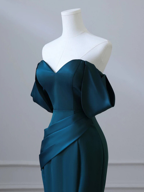 Off Shoulder Pleated Stretch Satin Dress Dark Green main image 0