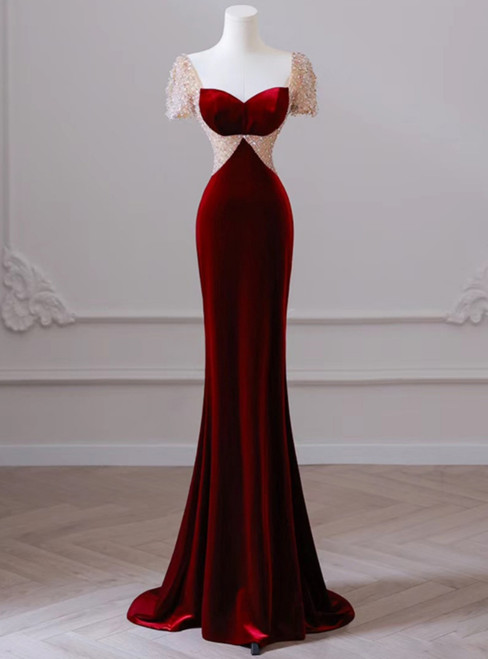 Burgundy Memraid Velvet Short Sleeve Beading Prom Dress