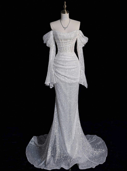 White Mermaid Sequins Long Sleeve Wedding Dress