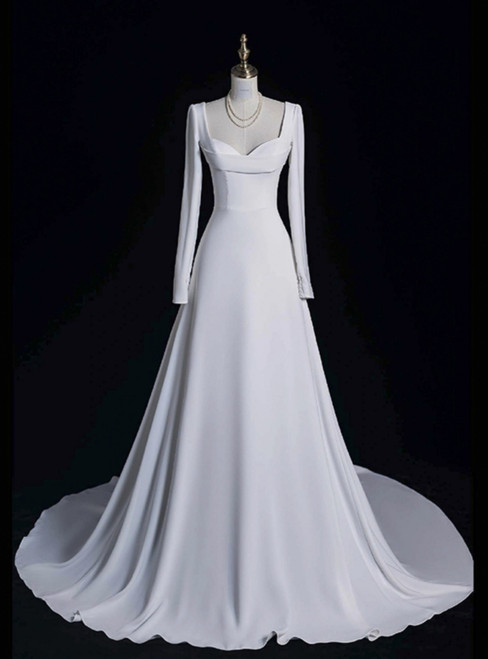 White Long Sleeve Square Neck Wedding Dress