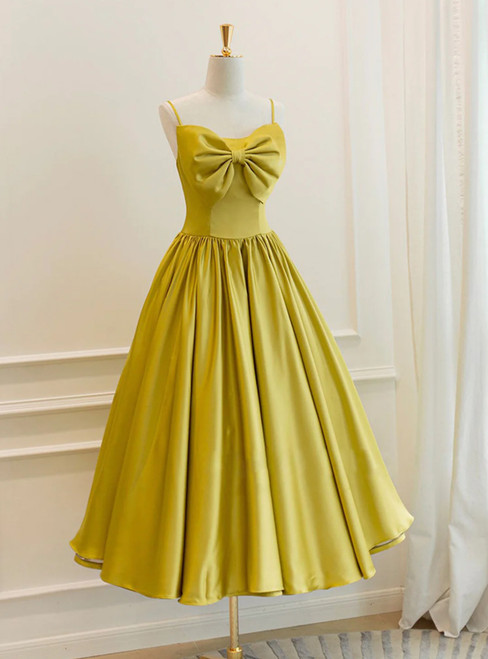 Yellow Satin Spaghetti Straps Bow Tea Length Prom Dress