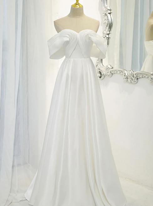 Simple White Satin Off the Shoulder Pleats Wedding Dress