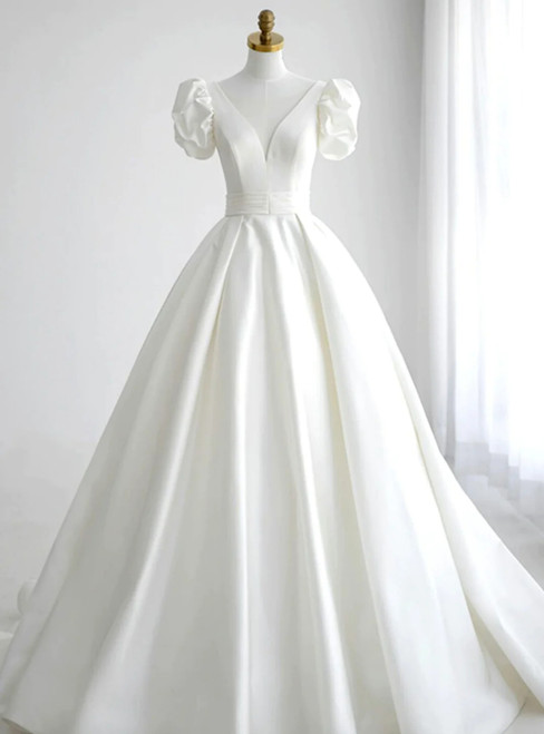 White Satin Bateau Neck Puff Sleeve Backless Wedding Dress