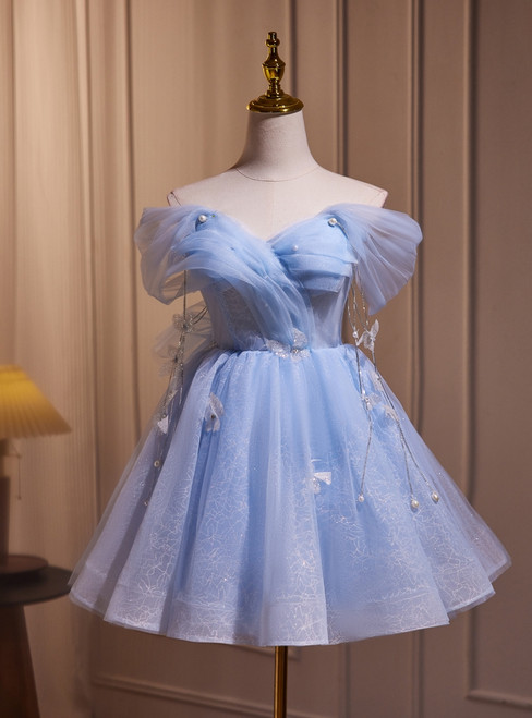 Blue Tulle Off the Shoulder Homecoming Dress