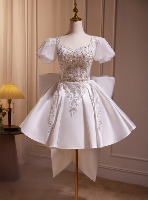 White Satin Puff  Sleeve Beading Homecoming Dress