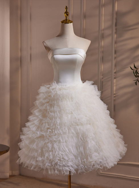 White Tulle Tiers Tea Length Wedding Dress