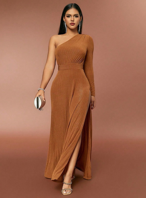 Slim-fit One-shoulder Long-sleeved Slit Dress