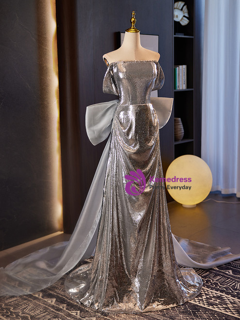 Off-The-Shoulder Silver Beads Cap Sleeves High Split Prom Dresses main image 1