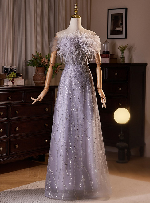 Purple Tulle Sequins Feather Prom Dress