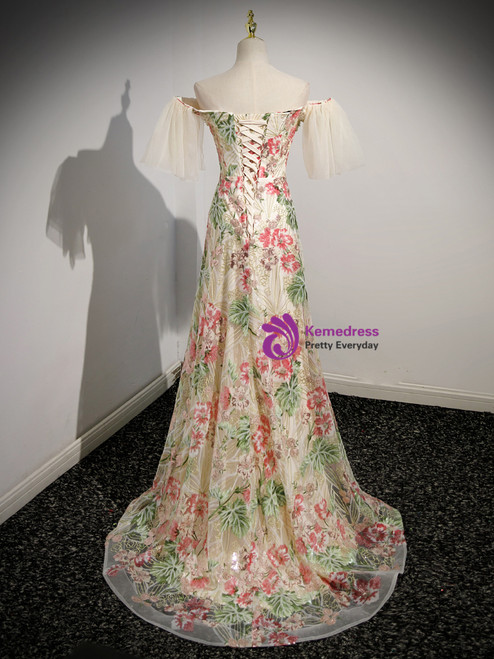 A-Line Off Shoulder Bow Knot Beaded Prom Party Dress WU1518