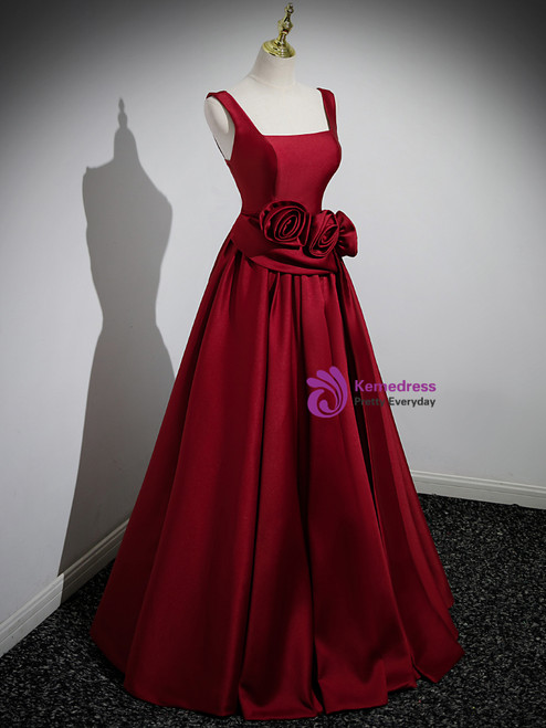 Vintage A Line Strapless Flower Pleated Burgundy Satin Long Prom Dress main image 1
