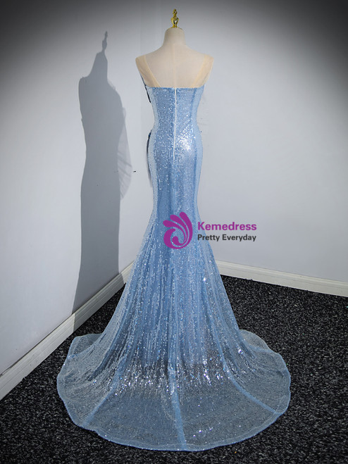 Mermaid Strapless Lake Blue Sequins Long Prom Dresses with Beadings VK25032307